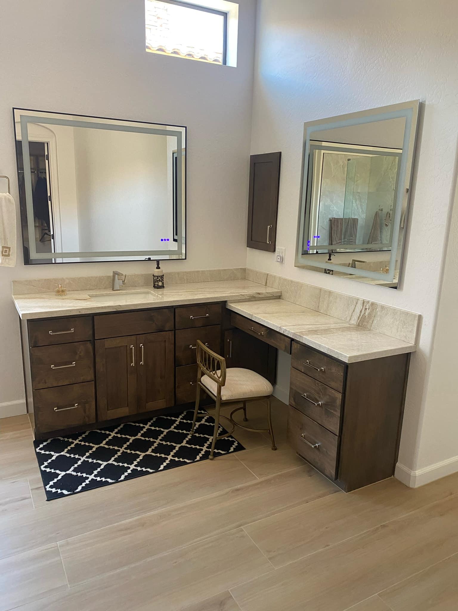 Custom bathroom vanity installation with premium stone top